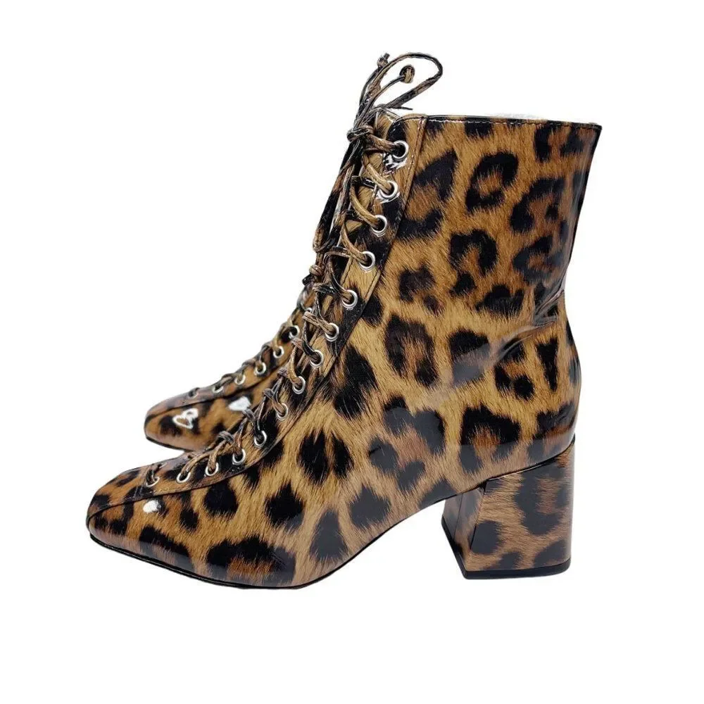 SCHUTZ Kika Leopard Print Patent Leather Lace-Up Boot